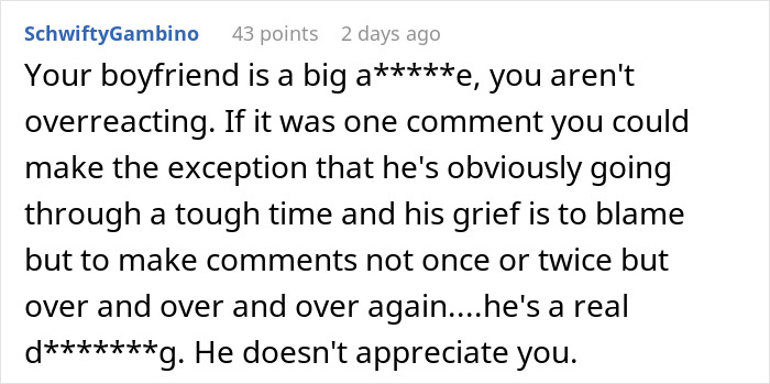 Alt text: Online comment criticizing boyfriend for repeatedly berating woman bringing leftovers during his mourning.