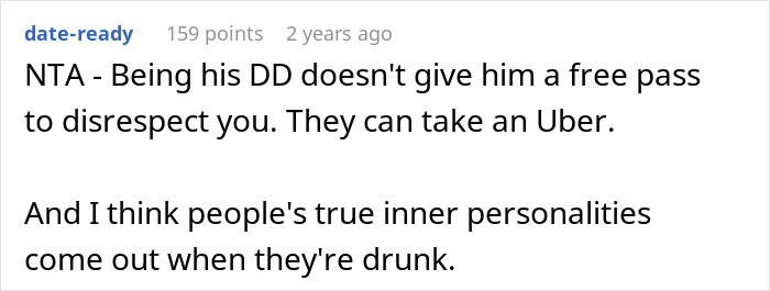 Text post showing a woman telling her drunk boyfriend to stop acting like a jerk and his refusal to listen.