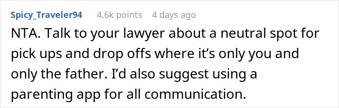 Screenshot of an online comment advising to use a neutral spot and parenting app for communication about kids and pickups.