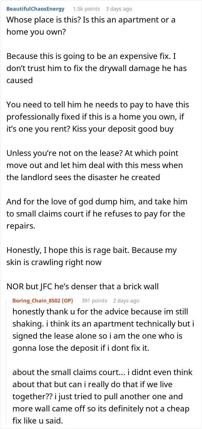 Comment thread discussing drywall damage and repair advice after DIY soundproofing with stinky egg cartons frustrates girlfriend.