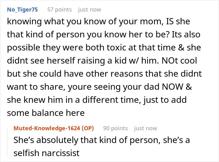 Reddit thread discussing a guy discovering his mom lied about his dad leaving when she was pregnant.