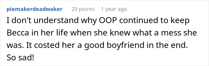 Screenshot of an online comment discussing a woman confused by a cheating confession from her best friend while her boyfriend denies it.
