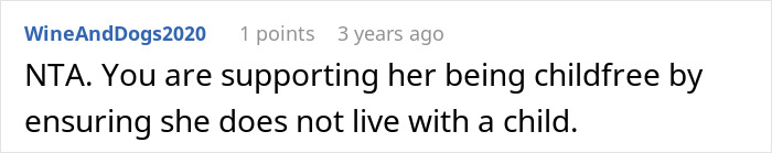 Screenshot of an online comment stating support for a woman choosing to remain child-free and refusing caregiving duties.