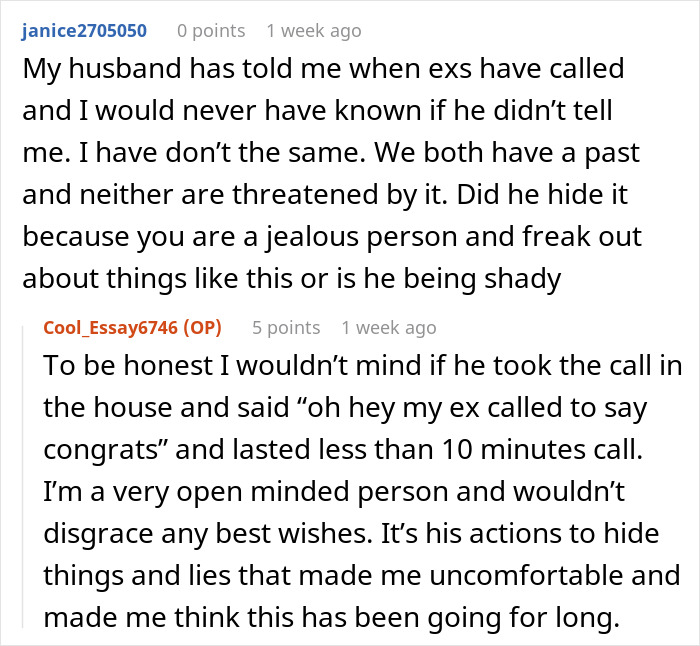 Text discussion about wife confronting husband who lied about video call with ex, revealing trust issues and possible divorce risk.