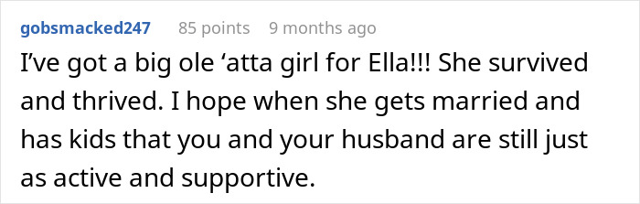 Screenshot of a Reddit comment praising Ella&rsquo;s survival and hoping for continued family support on her wedding day.