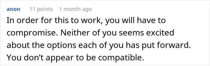 Screenshot of an online comment discussing a man wanting to move in with his girlfriend but refusing to live in her apartment.