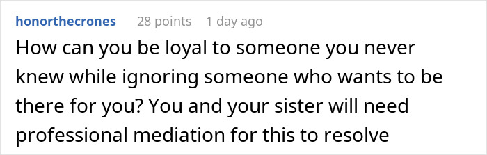 Comment on sibling conflict over stepdad called dad, suggesting therapy instead of yelling to resolve issues. Comment on sibling conflict over stepdad called dad, suggesting therapy instead of yelling to resolve issues.