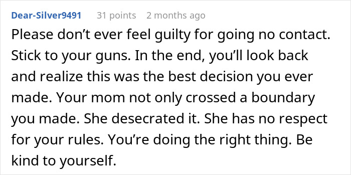 Comment about mother retaliating against postpartum boundaries, highlighting disrespect and emotional impact on the new mother.