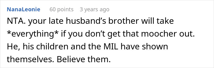 Comment warning about late husband&rsquo;s brother and his kids mooching and using belongings, urging action to remove them.