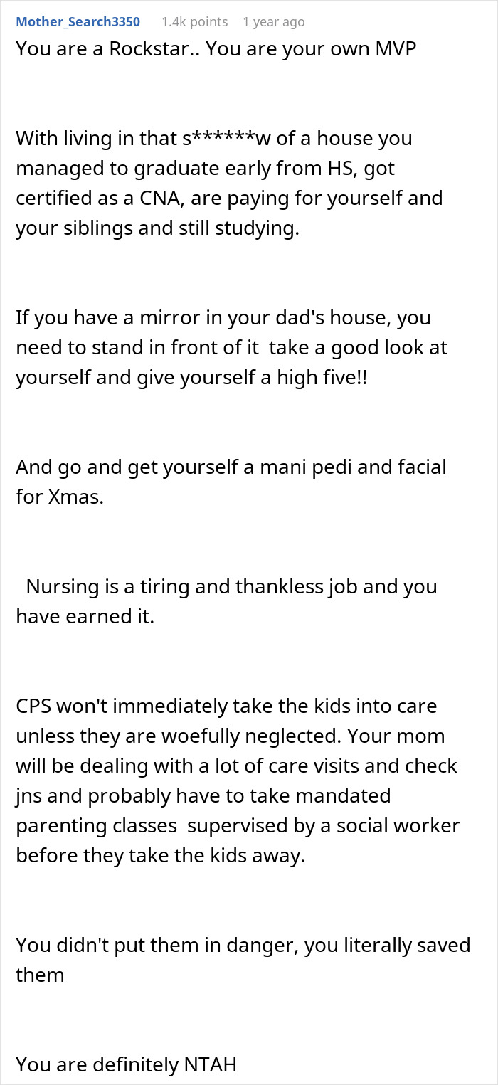 Comment praising a teen for escaping a horrible family, graduating early, and working toward nursing certification.