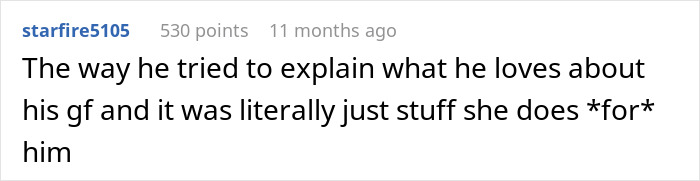 Comment from starfire5105 reflecting on a man feeling embarrassed by his girlfriend&rsquo;s style and childhood trauma.