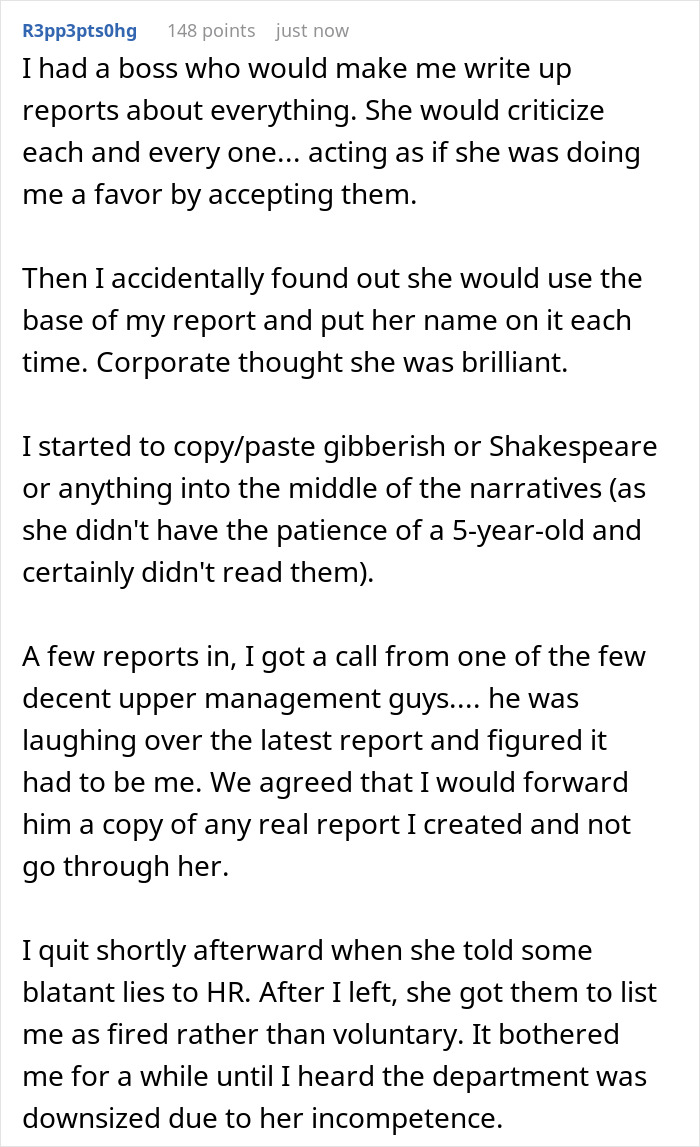 Text post describing a worker exposing how their boss called a report unreadable then took credit for it.