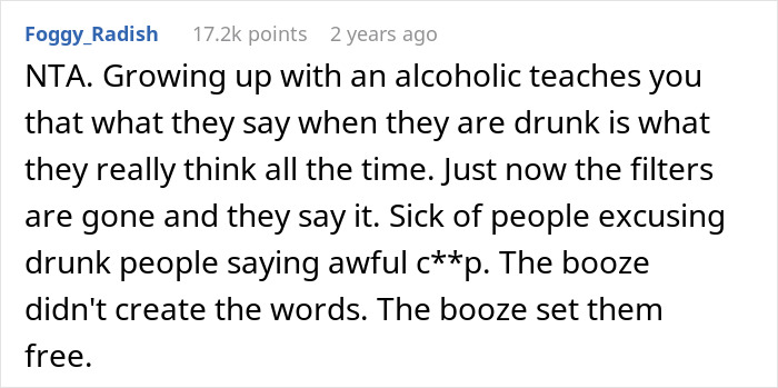 Comment discussing how alcohol reveals true thoughts behind a drunk boyfriend's jerky behavior in a relationship.