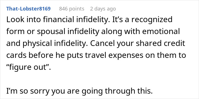 Comment discussing financial infidelity as spouse drains emergency fund for essential World Cup expenses.