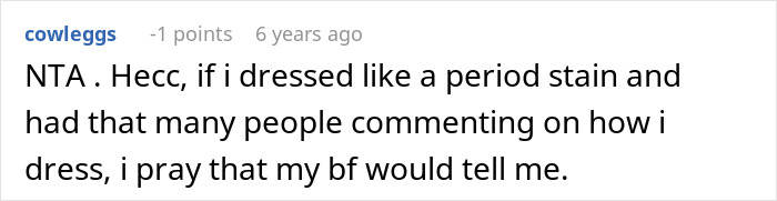 Screenshot of a forum comment discussing embarrassment and feelings related to girlfriend&rsquo;s style and childhood trauma.