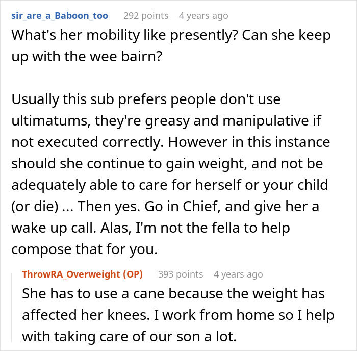 Comments discussing a husband struggling to accept his wife&rsquo;s weight gain and its impact on her mobility and care.