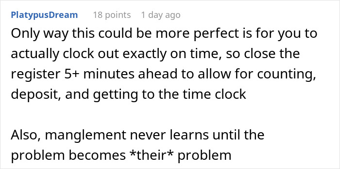 Screenshot of a comment discussing cashier compliance with overtime rules and management issues during a crisis.