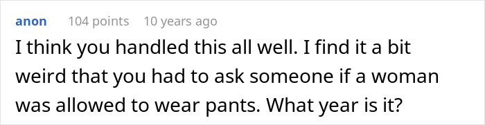 Comment discussing how a guy can't handle that his girlfriend refuses to wear dresses, questioning societal norms on women's clothing choices.