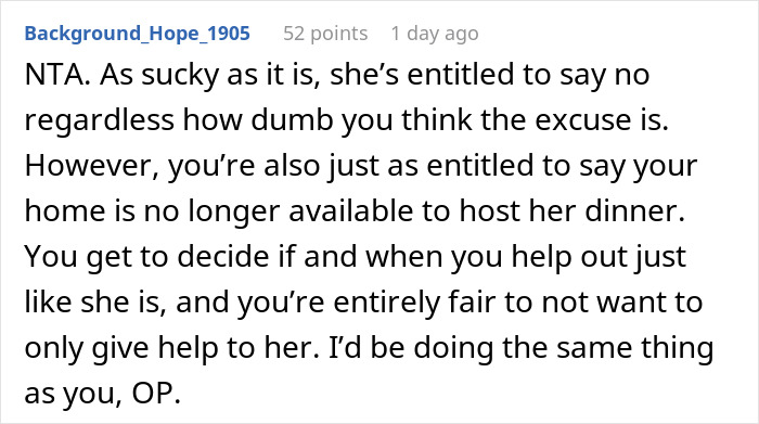 Screenshot of a Reddit comment discussing a woman who asks for favors but doesn&rsquo;t reciprocate when family needs help.