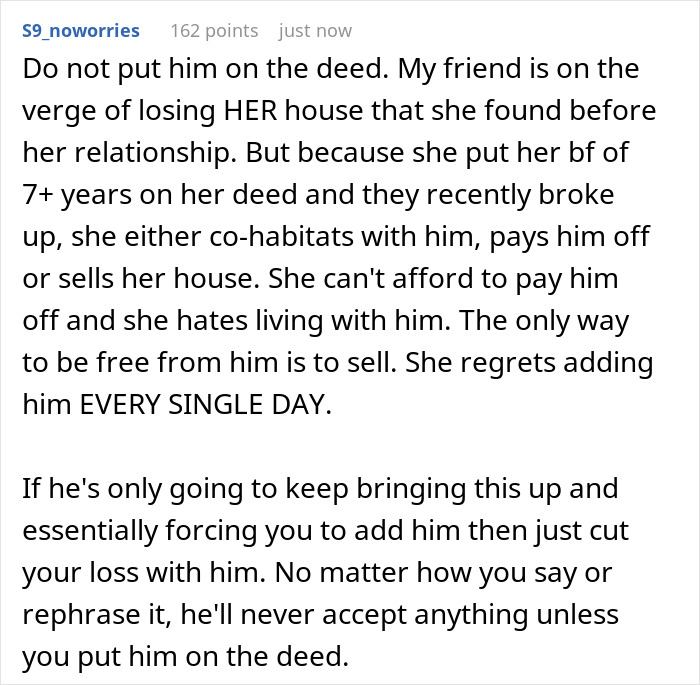 Comment discussing risks of adding boyfriend with debt to inherited house deed and potential loss of property rights.