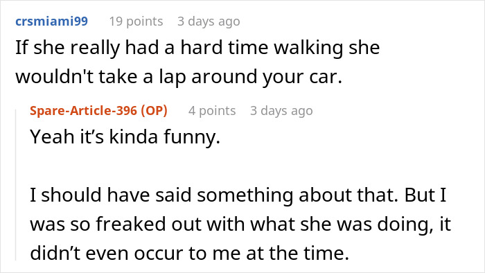 Screenshot of an online discussion about a person dealing with handicapped spot drama after confrontation by an entitled lady.