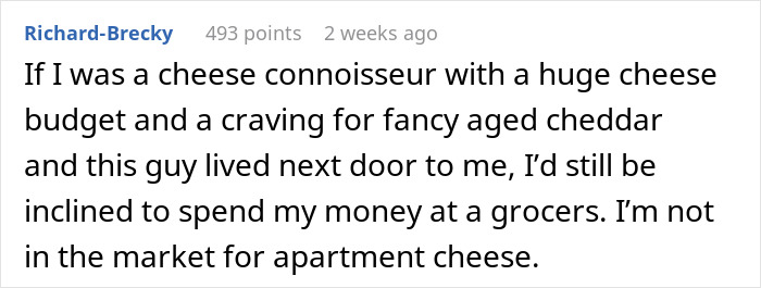 Comment about cheese preferences and apartment cheese spending, discussing cheese-wheel-girlfriend-relationship context.