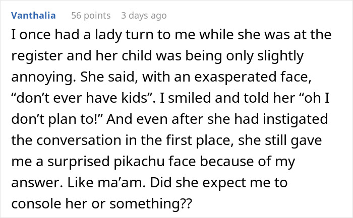 Screenshot of a Reddit comment where a guy humorously shares his experience warning a couple not to have kids.