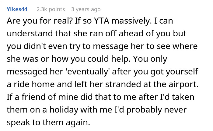 Screenshot of a social media comment discussing a woman ditching her friend at the airport after her carry-on went missing.