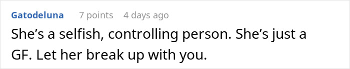 Comment highlighting selfish, controlling behavior related to woman volunteering boyfriend for free labor and his refusal.