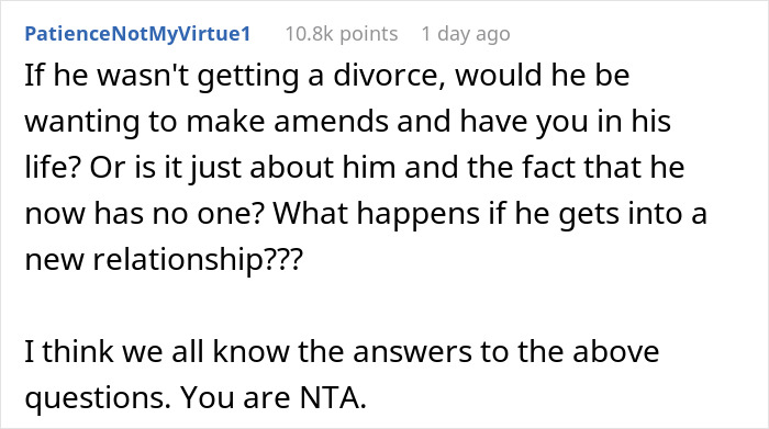 Comment discussing a dad who chose a new family over his daughter and now wants her back after new wife cheats.
