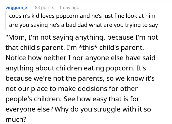 Screenshot of a conversation discussing family dinner issues caused by a rude mother interrupting and parenting challenges.