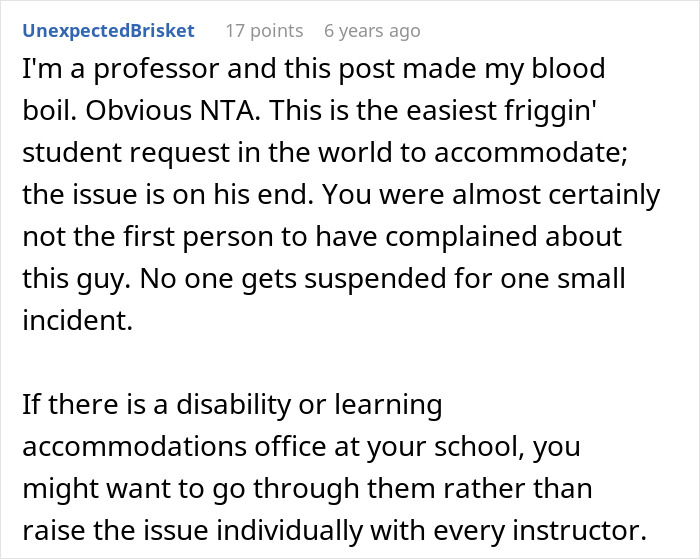 Screenshot of a Reddit comment by a professor discussing student accommodations and a professor's suspension.