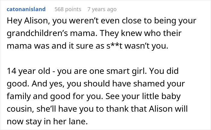 Comment praising a sassy teen for putting grandma in her place, making mom proud in front of the entire family.