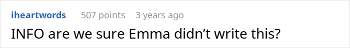 Text post from Reddit user iheartwords with 507 points questioning if Emma wrote the message, discussing a missing carry-on at airport.