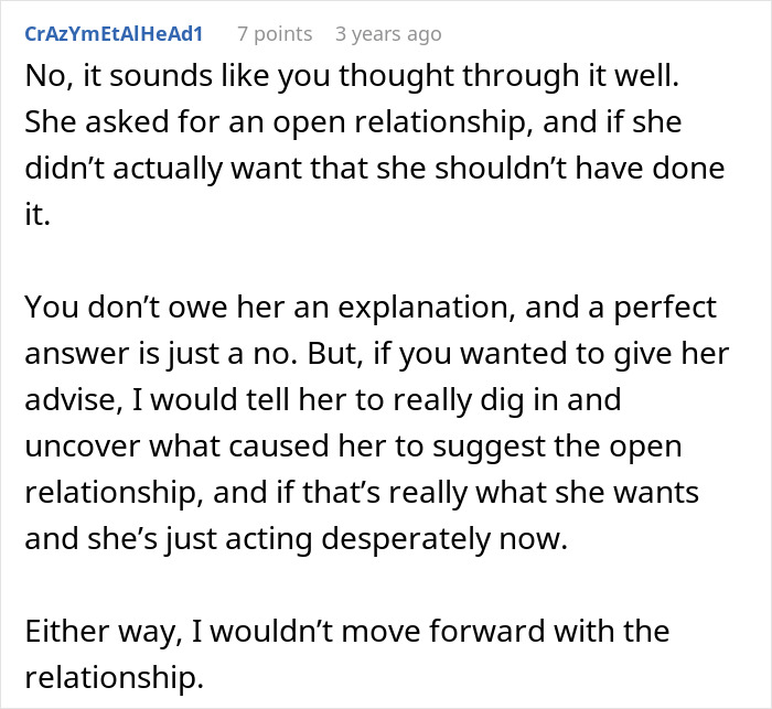 Comment discussing a woman suggesting an open relationship and the guy breaking up immediately.