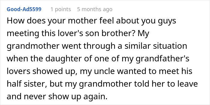 Comment discussing a family conflict after discovering a secret son, highlighting the woman learning about her father's hidden son.