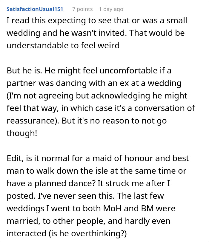 Comment discussing discomfort over boyfriend&rsquo;s reaction to girlfriend&rsquo;s maid of honor duties at friend&rsquo;s wedding.