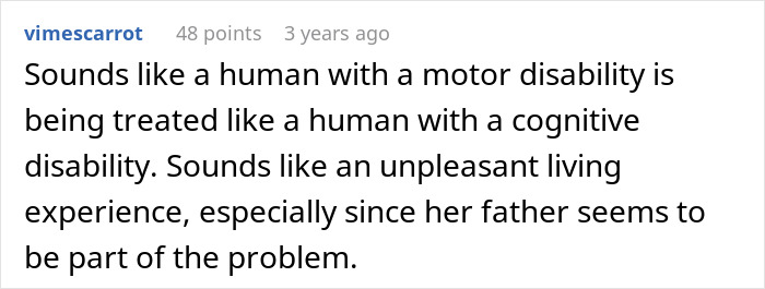 User comment discussing challenges faced by a woman with motor and cognitive disabilities and her difficult living experience.