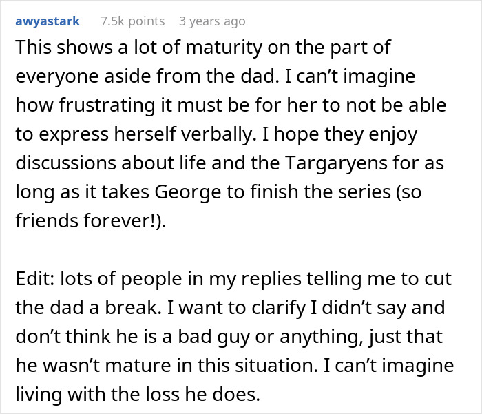 Reddit comment reflecting on maturity and loss in a family, related to a man fired over a crude drawing incident.