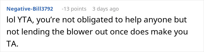 Screenshot of a Reddit comment discussing a woman refusing to lend her new snow blower to a neighbor.