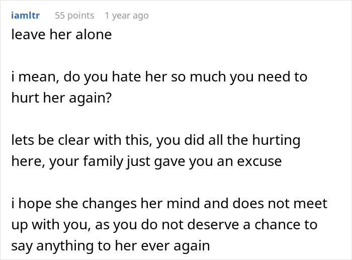 User comment text expressing frustration about male relatives and friends ruining a guy&rsquo;s marriage to get with his ex-wife.