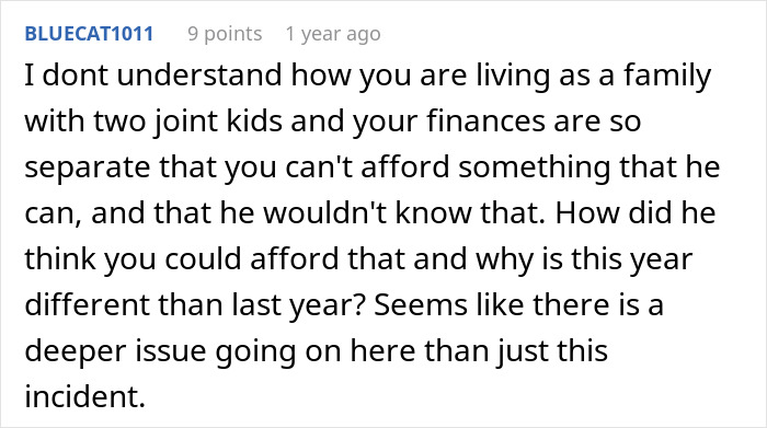 Comment discussing family finances and relationship issues after partner earning 5x salary leaves son without ski pass.
