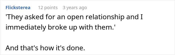 Screenshot of a Reddit comment where a user says they broke up immediately after a woman suggested an open relationship.