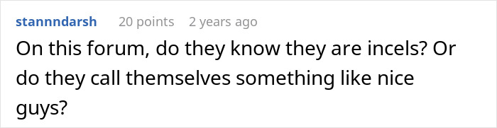 Screenshot of a forum post questioning if members are aware they are incels or refer to themselves as nice guys in incel forums.