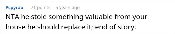 Screenshot of an online comment about stolen valuable items, related to cheating ex-wife's boyfriend stealing Lego sets.