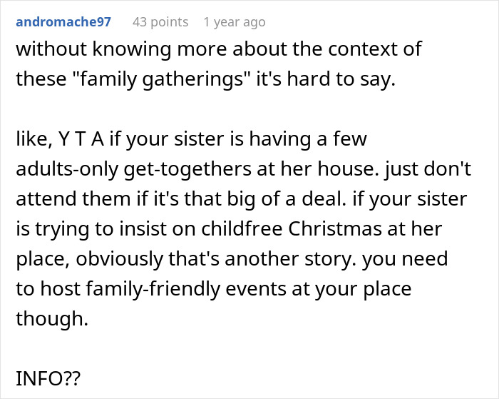 Comment discussing family gatherings and the woman&rsquo;s rule of no kids allowed in her home, brother feels targeted.