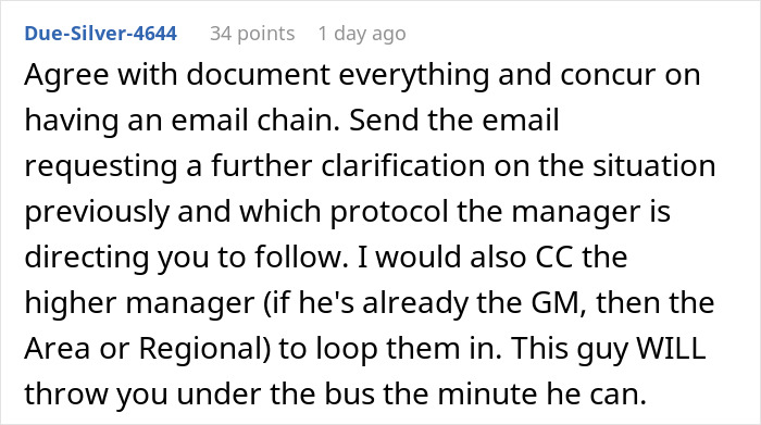 Comment advising to document emails and clarify manager&rsquo;s protocol after cashier told not to work overtime during crisis.