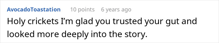 Comment text on a white background sharing relief that someone trusted their gut and investigated the story more deeply