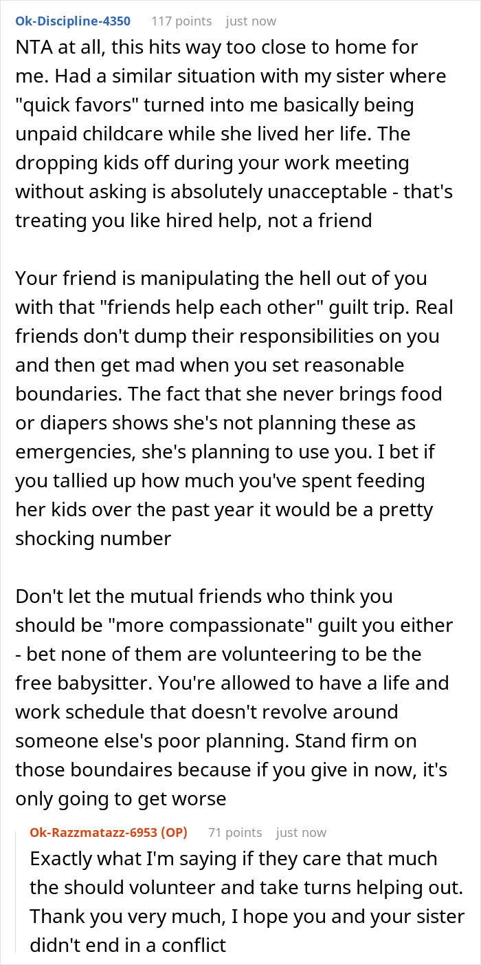 Screenshot of a Reddit conversation about entitled mom wanting childfree bestie to babysit and feed her kids for free, bestie refuses.
