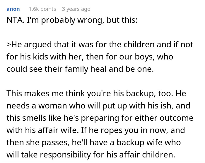 Screenshot of an online comment discussing a cheating guy expecting his ex-wife to act as limo driver for his new kid.